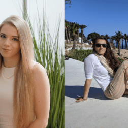 22岁的克拉拉·舍伍德和20岁的卡罗琳·费多并排坐在一幅拼贴画上. 舍伍德戴着墨镜在摩洛哥的棕榈树前摆姿势, 而费多尔则坐在钢琴凳上微笑.